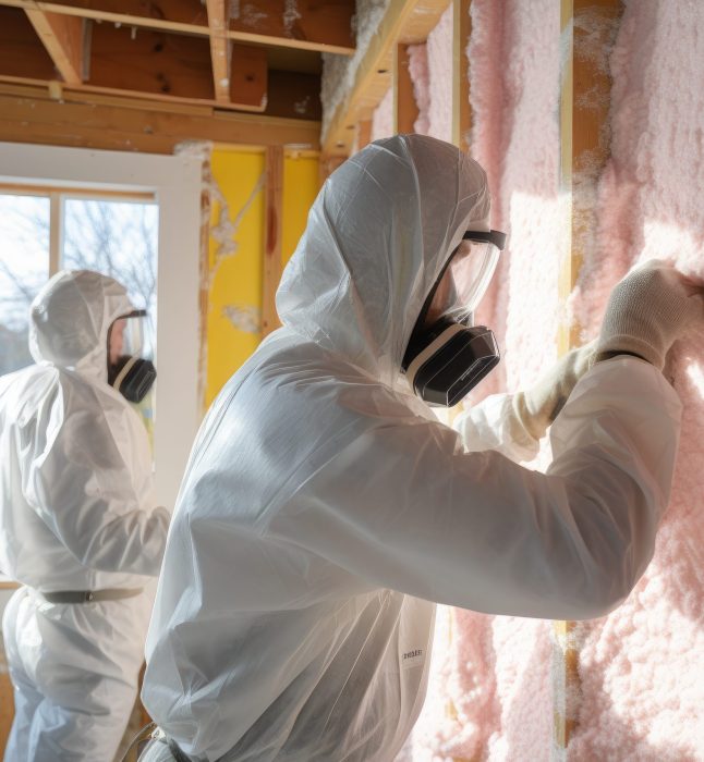 Worker in protective suit painting wall of new house with paint roller, A construction crew installing insulation in the walls of a residential property, AI Generated